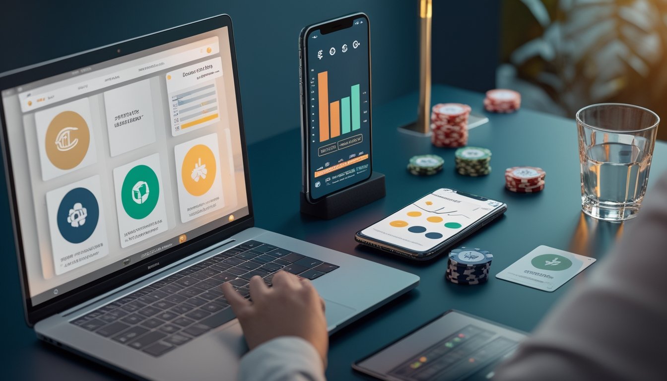Meja modern dengan laptop, ponsel, chip poker, kartu, kalkulator, dan grafik bonus abstrak.