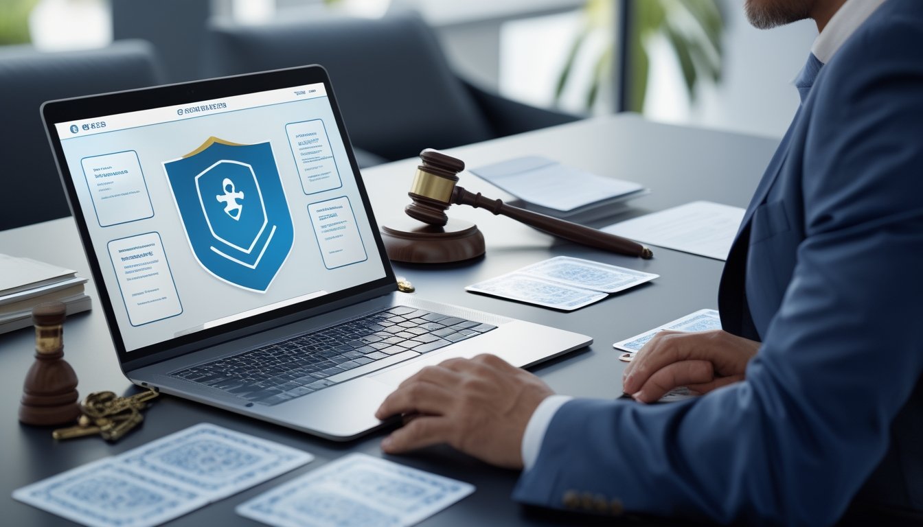Profesional memeriksa platform permainan kartu digital di meja kerja dengan dokumen resmi, palu hakim, dan simbol keamanan.