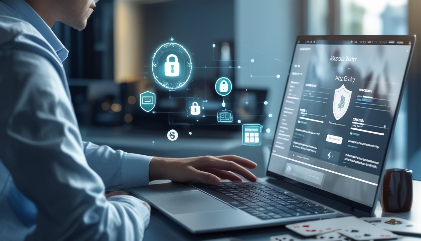 Seorang pengguna meninjau platform permainan kartu daring dengan simbol keamanan digital, laptop, kartu remi, dan keping permainan di meja.