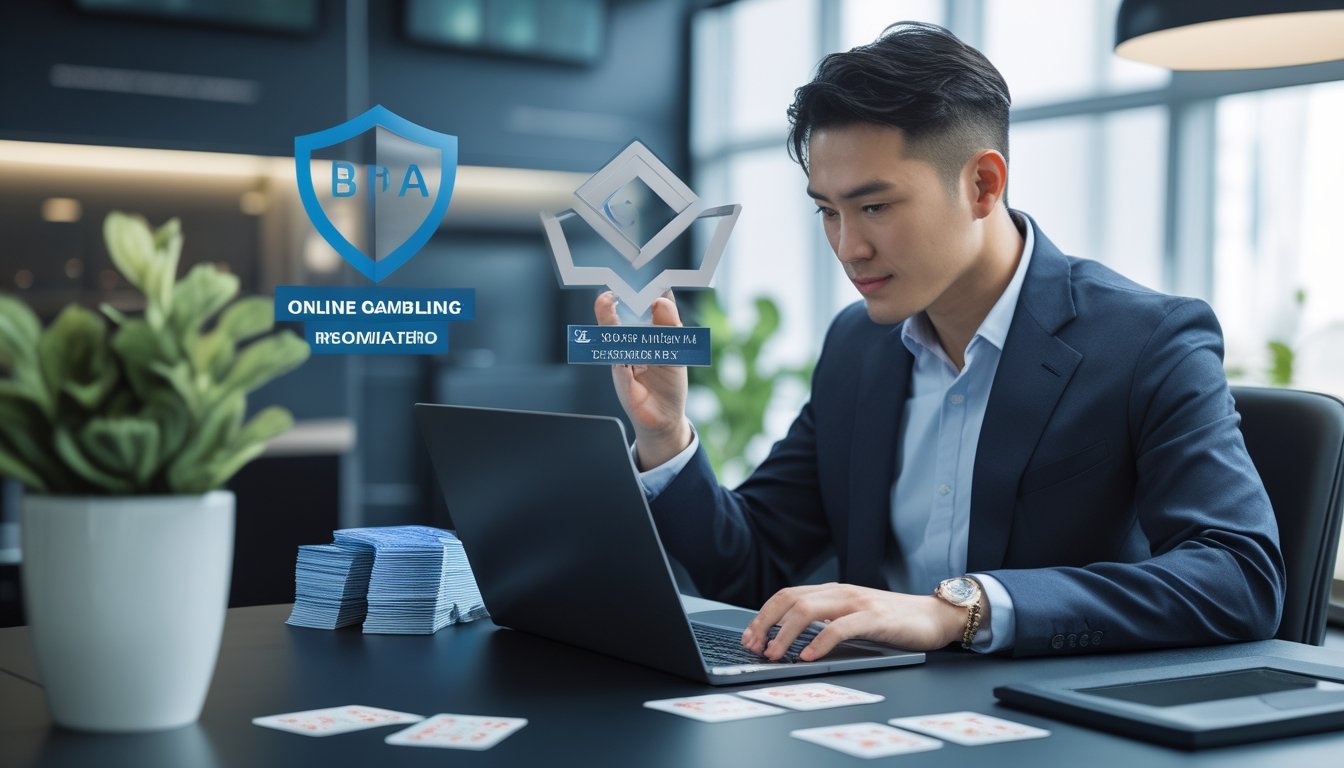 Seorang profesional memeriksa platform permainan kartu online dengan simbol keamanan, lisensi, dan verifikasi di meja kerja.