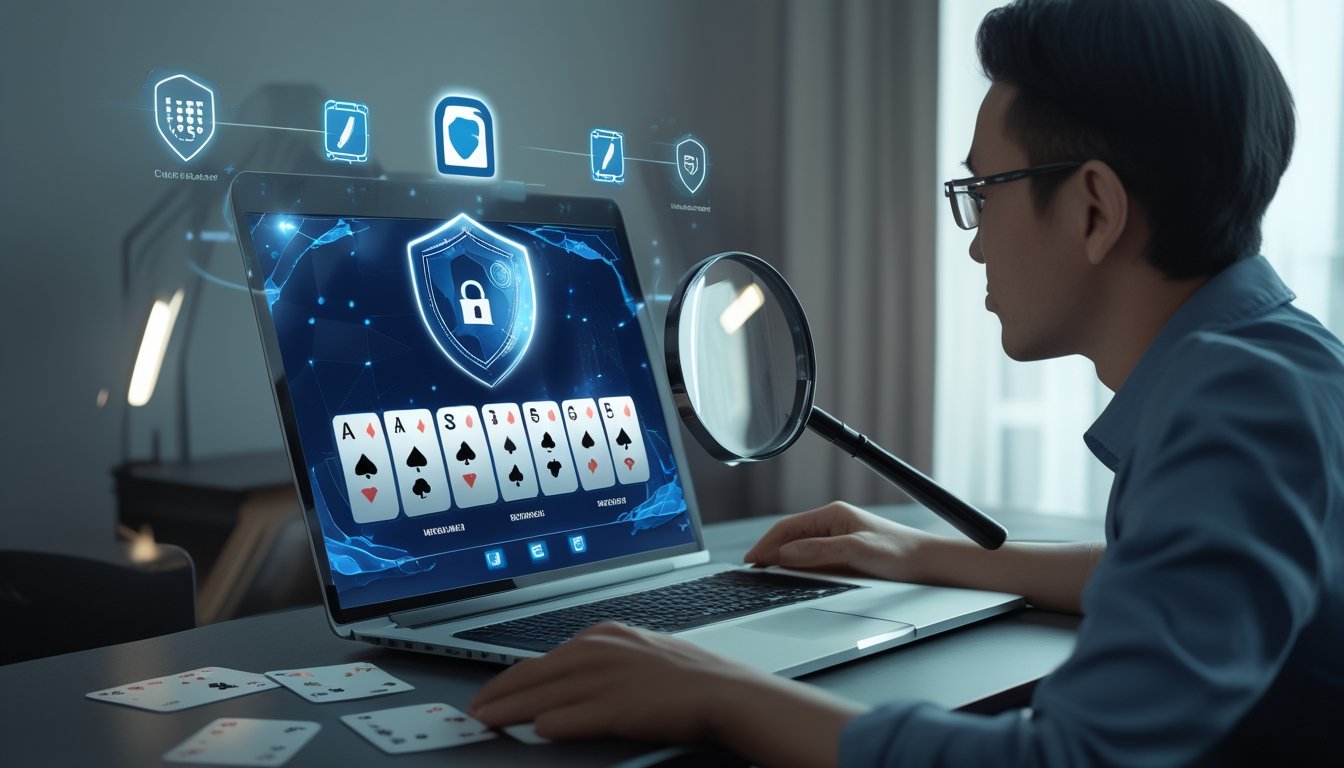Seseorang menilai keamanan platform permainan kartu daring menggunakan laptop, simbol gembok, dan kaca pembesar.