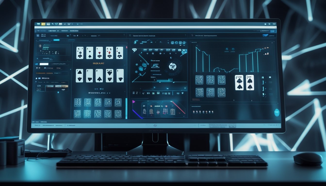 Monitor menampilkan susunan kartu digital dengan grafik analisis di meja kerja modern.