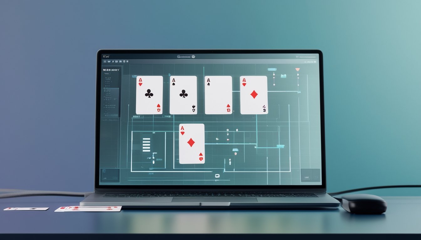 Kartu remi tersusun dalam beberapa kombinasi di depan layar permainan digital dengan pola analisis yang menggambarkan pengelompokan dan strategi.