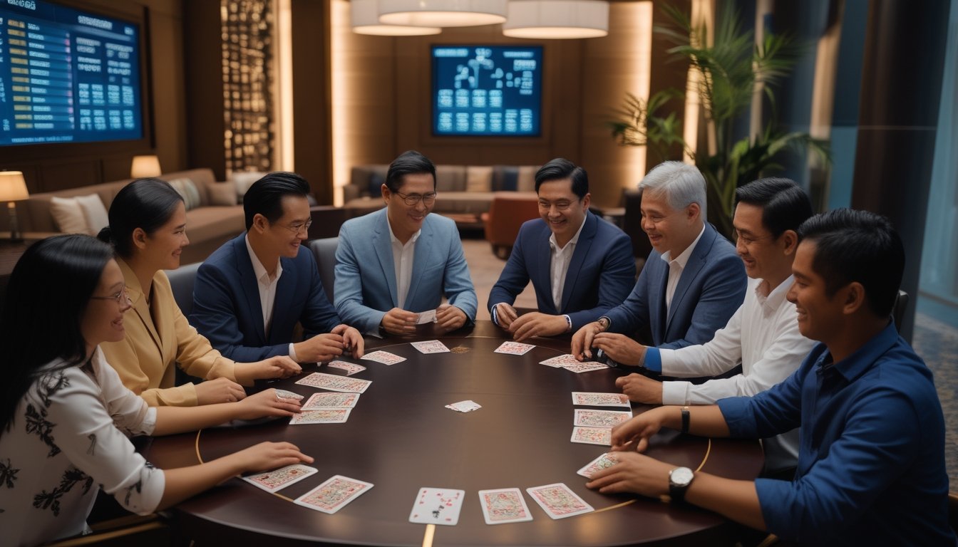 Sekelompok anggota komunitas VIP bermain kartu dan berdiskusi di ruang privat yang elegan.