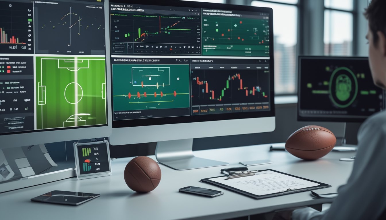 Analis sepak bola mempelajari grafik pertandingan dan indikator pasar di ruang kerja modern dengan sebuah bola di meja.