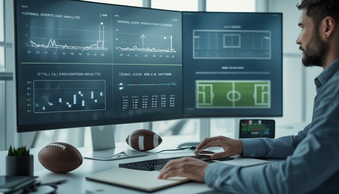 Ruang kerja modern dengan bola sepak, monitor berisi grafik analisis pertandingan, dan perlengkapan pencatatan.