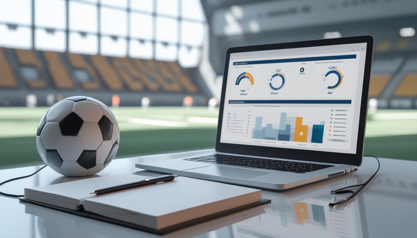 Meja analisis sepak bola dengan bola, laptop statistik, dan lapangan sepak bola di latar belakang.