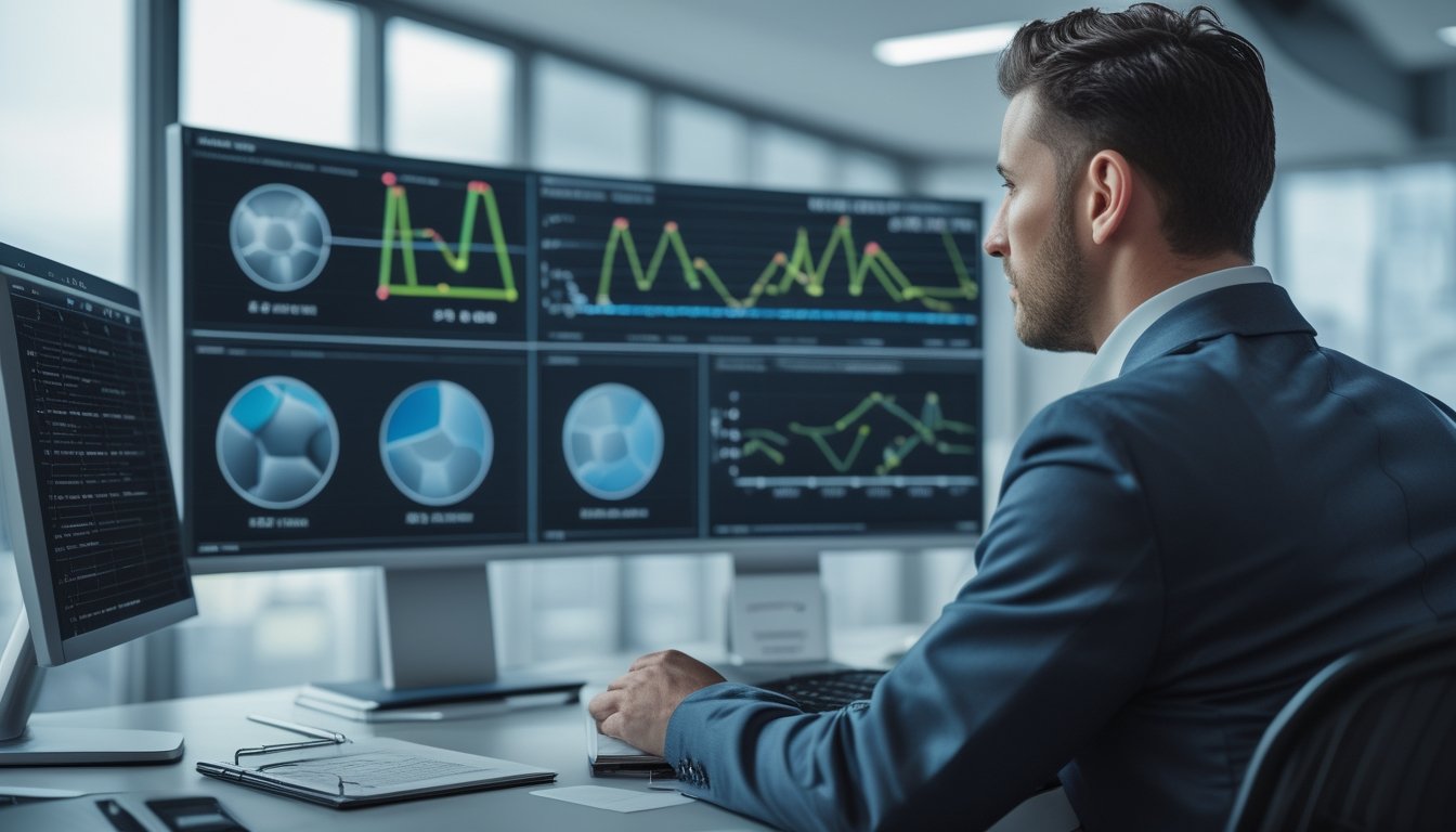 Seorang analis olahraga memeriksa dasbor statistik pertandingan di kantor modern.