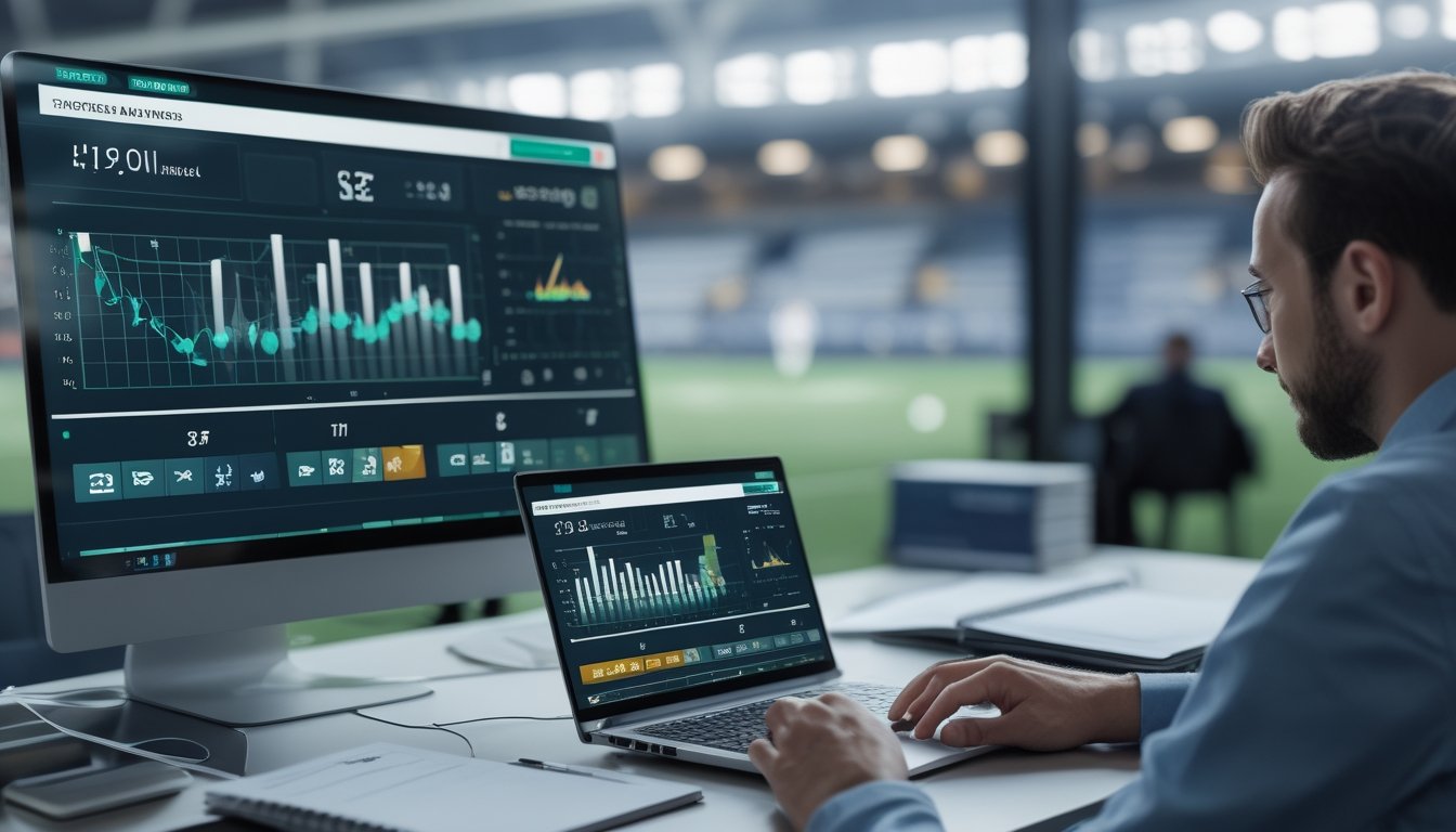 Analis mempelajari grafik statistik pertandingan sepak bola di ruang kerja modern dengan latar stadion.