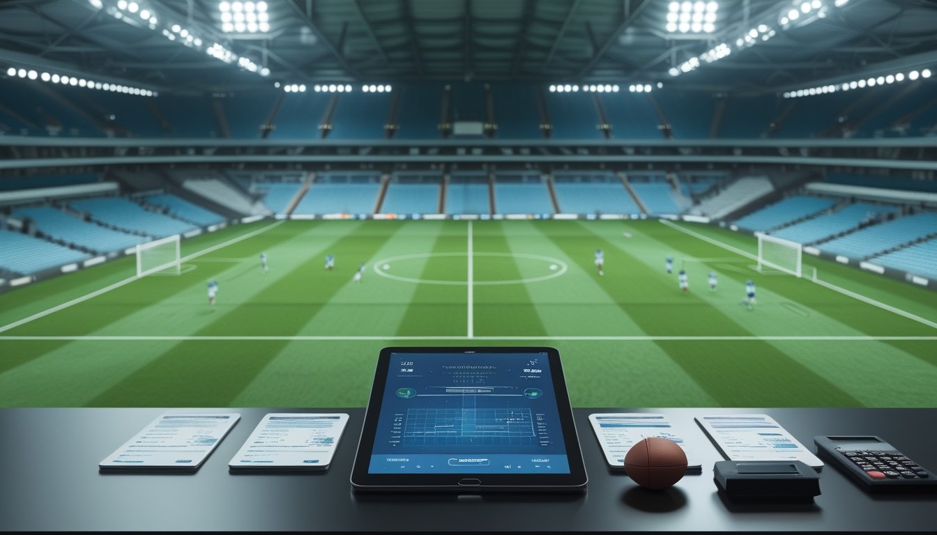 Lapangan sepak bola dengan dua tim, bola, tablet berisi grafik analisis, dan perlengkapan pencatatan di meja depan.