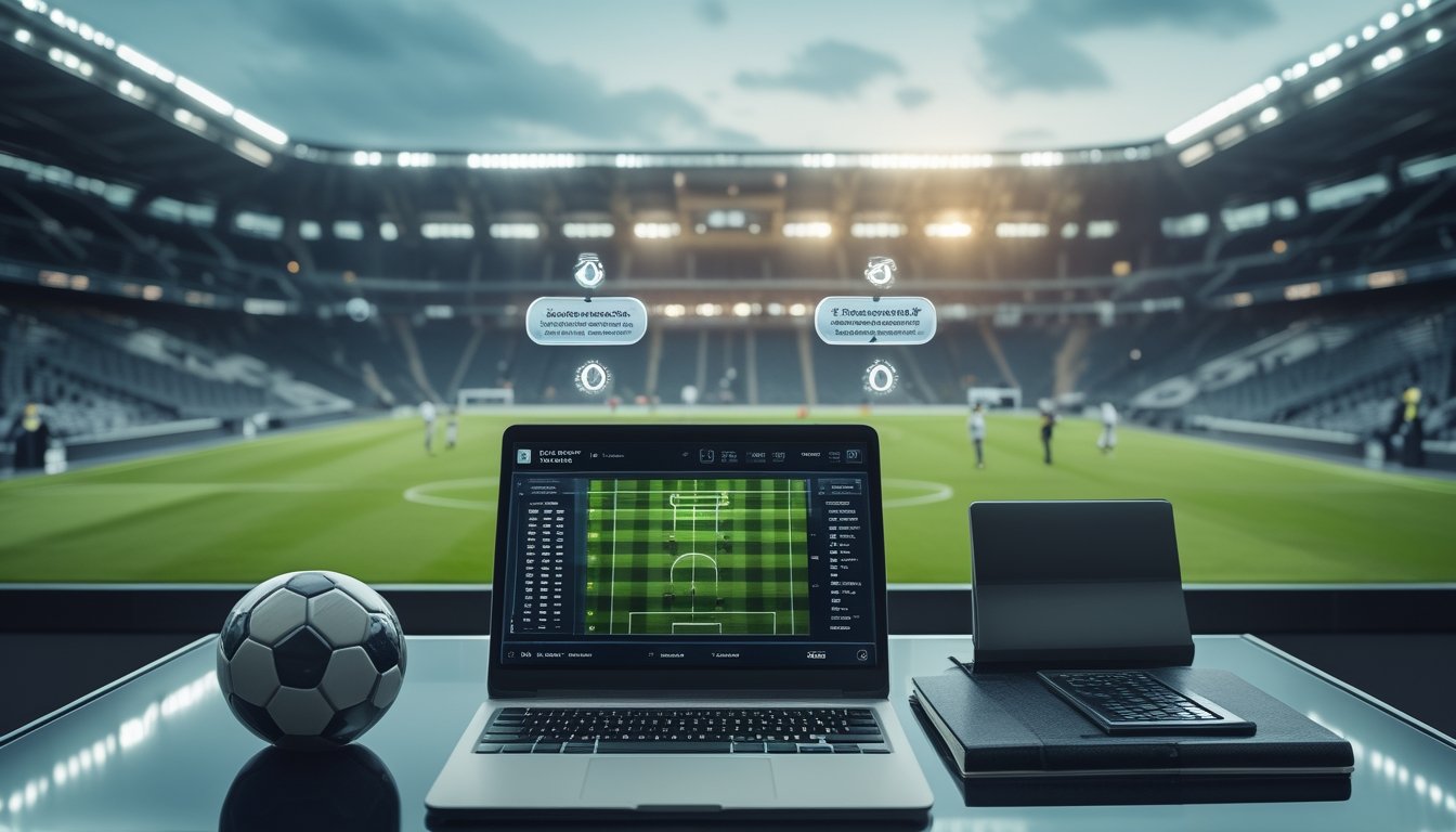 Bola sepak di meja analisis dengan diagram lapangan dan pertandingan di stadion yang tampak samar di latar belakang.