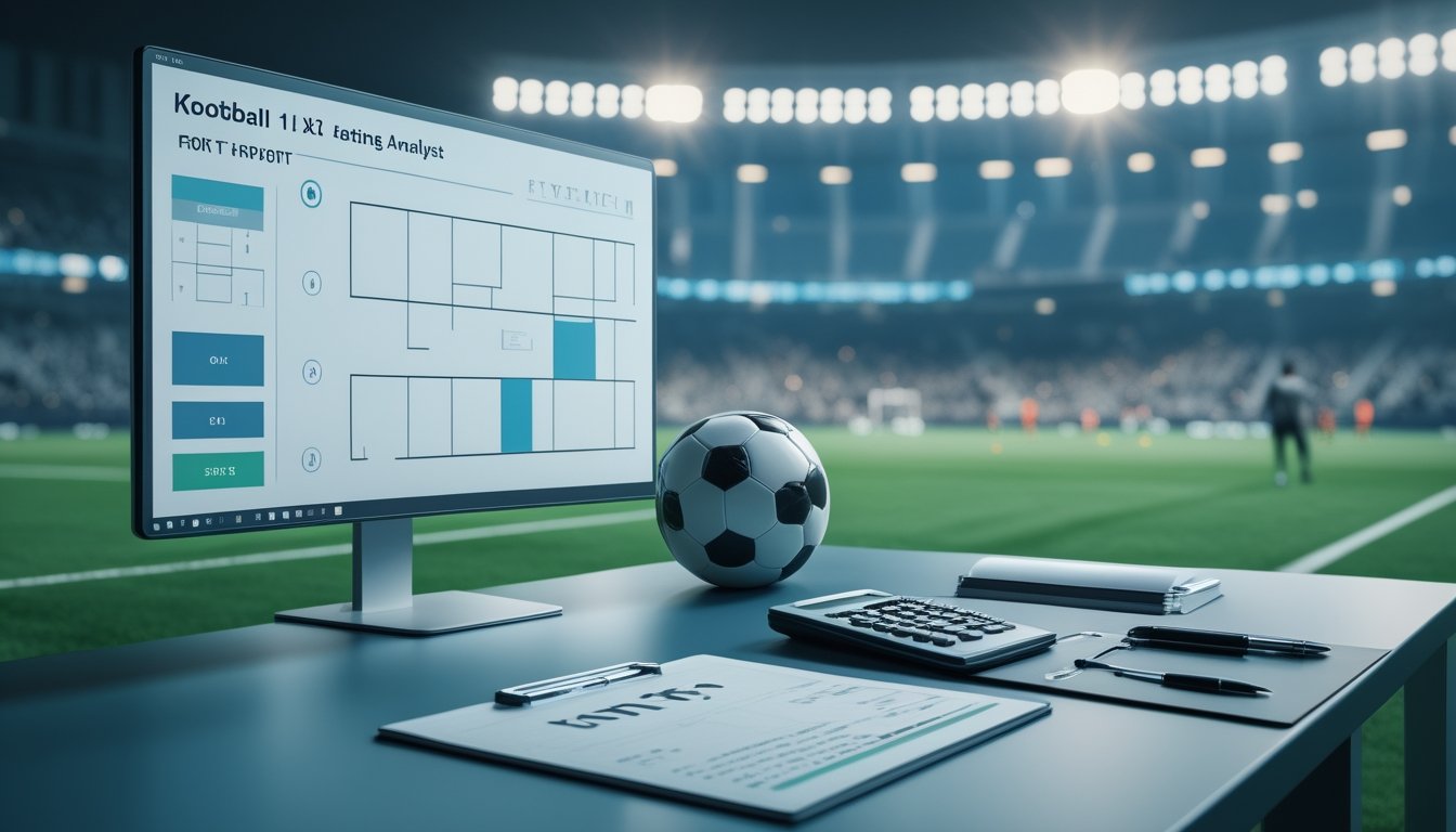 Meja analis dengan bola sepak, papan taktik, dan layar yang menampilkan bagan pertandingan sepak bola di stadion bercahaya.