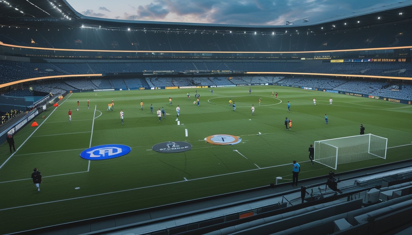 Pertandingan sepak bola sistem gugur berlangsung di stadion dengan wasit memantau permainan.