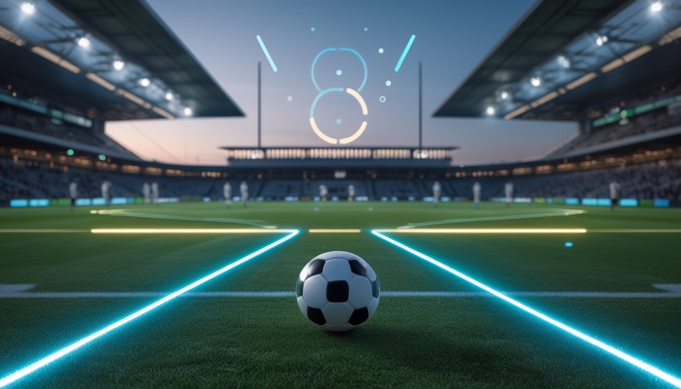 Bola sepak di lapangan stadion dengan dua area cahaya yang menyoroti beberapa kemungkinan hasil pertandingan.