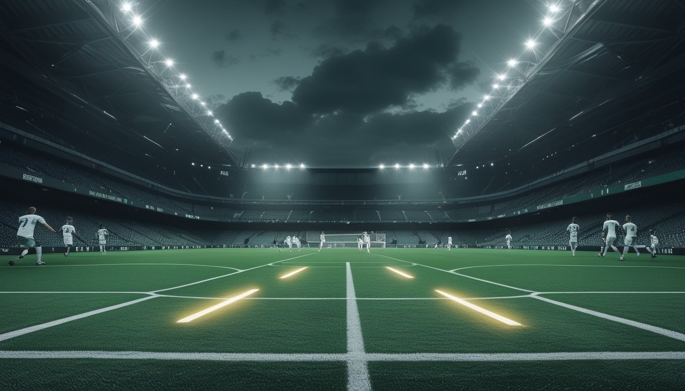 Stadion sepak bola modern dengan pertandingan yang berlangsung dan tiga jalur visual yang melambangkan berbagai kemungkinan hasil pertandingan.