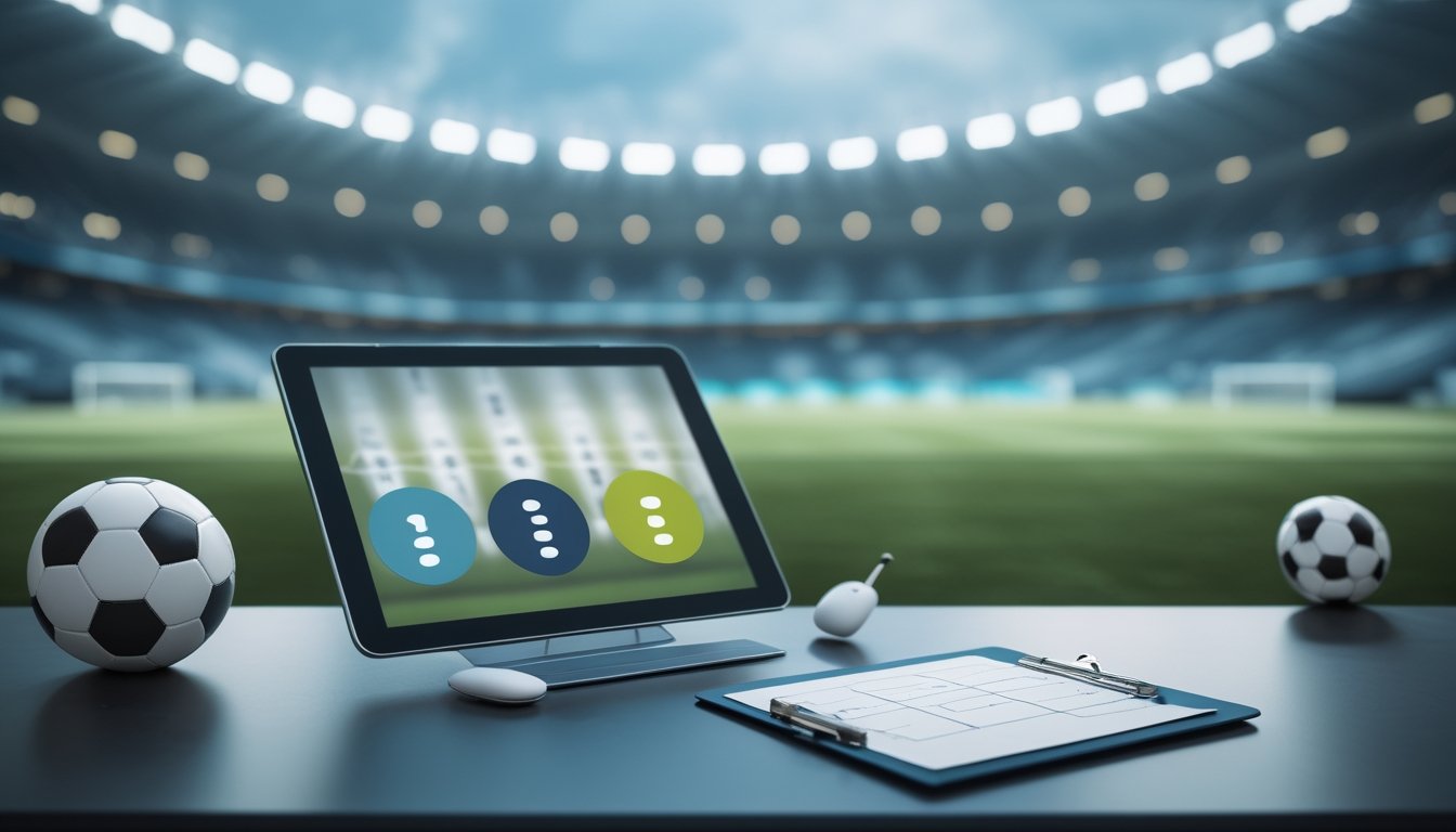 Meja analisis sepak bola dengan bola, tablet berisi tampilan abstrak, dan perlengkapan strategi di depan stadion yang buram.