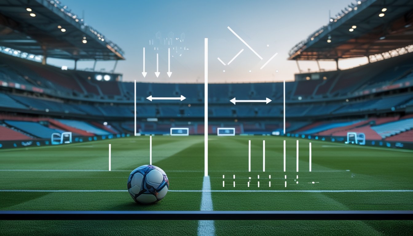 Bola sepak di stadion dengan dua konsep analisis pertandingan yang divisualisasikan secara seimbang.