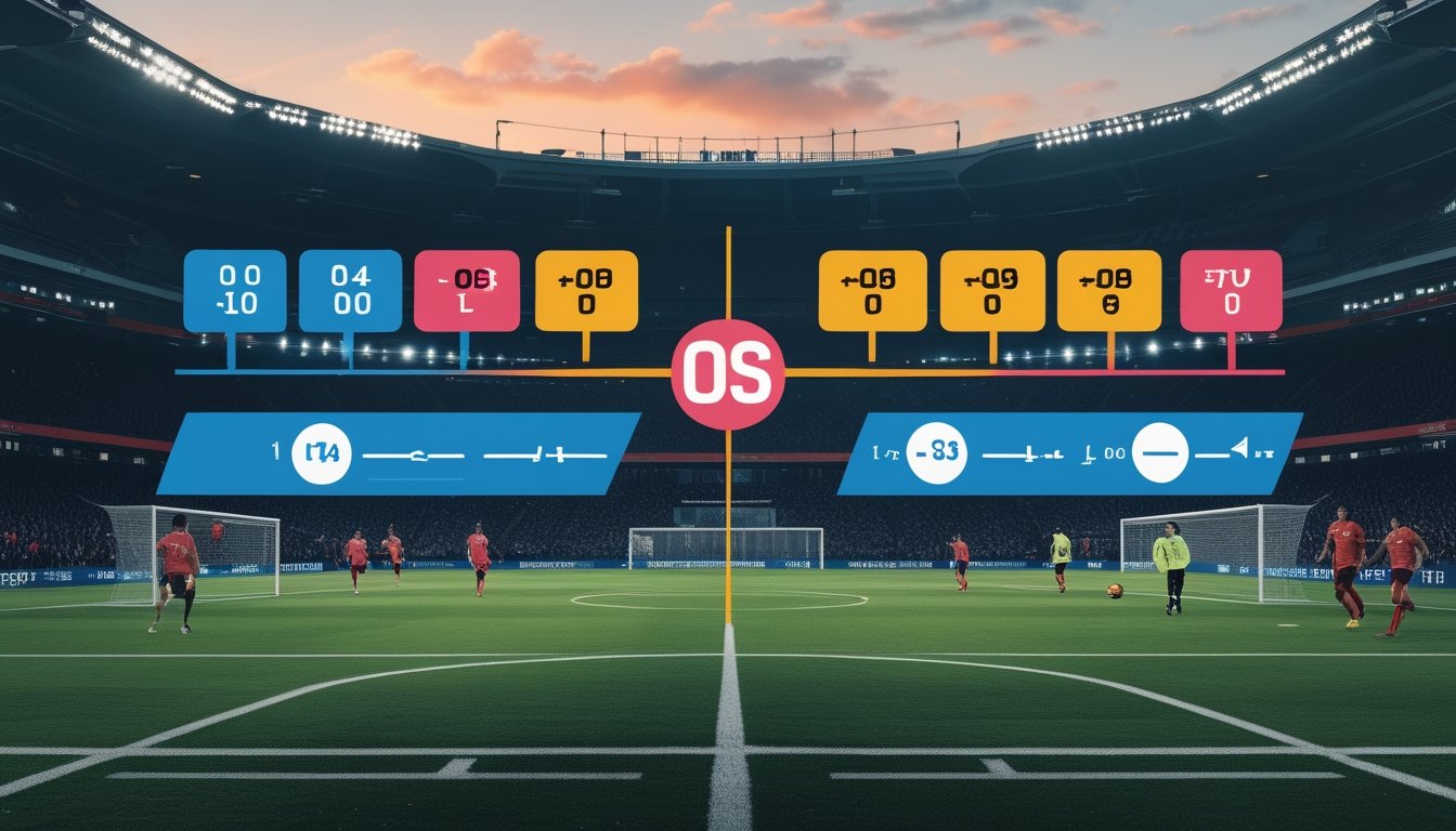 Pertandingan sepak bola di stadion dengan visual yang menggambarkan perbandingan dua jenis pasar taruhan.