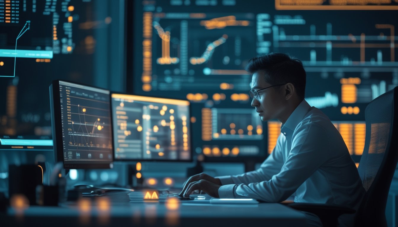 Seorang analis mempelajari pola probabilitas dan grafik data di ruang kerja modern pada malam hari.