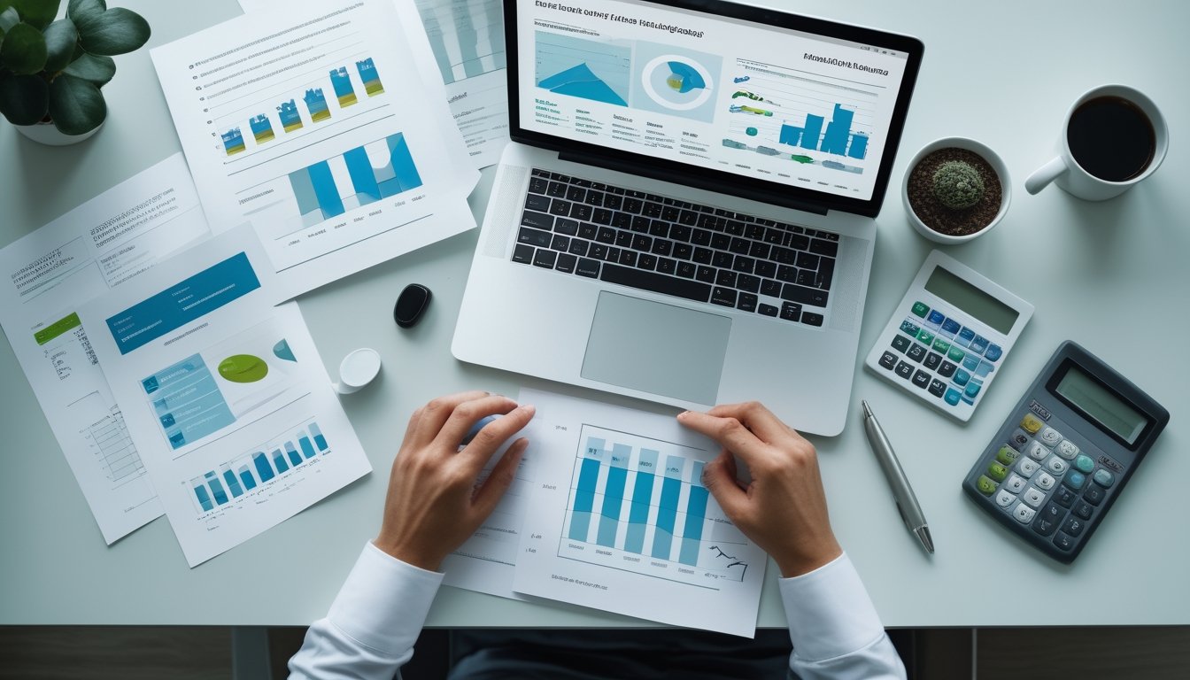 Seorang analis meninjau grafik dan data angka abstrak di laptop serta dokumen pada meja kerja.