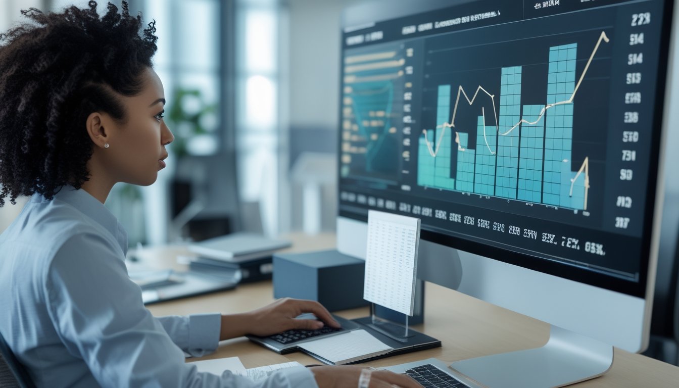 Seorang analis memeriksa pola angka dan grafik data pada monitor di ruang kerja modern.