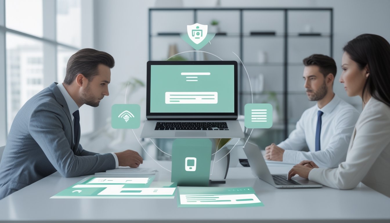 Profesional memeriksa keamanan dan keabsahan platform digital bersama rekan kerja di kantor.
