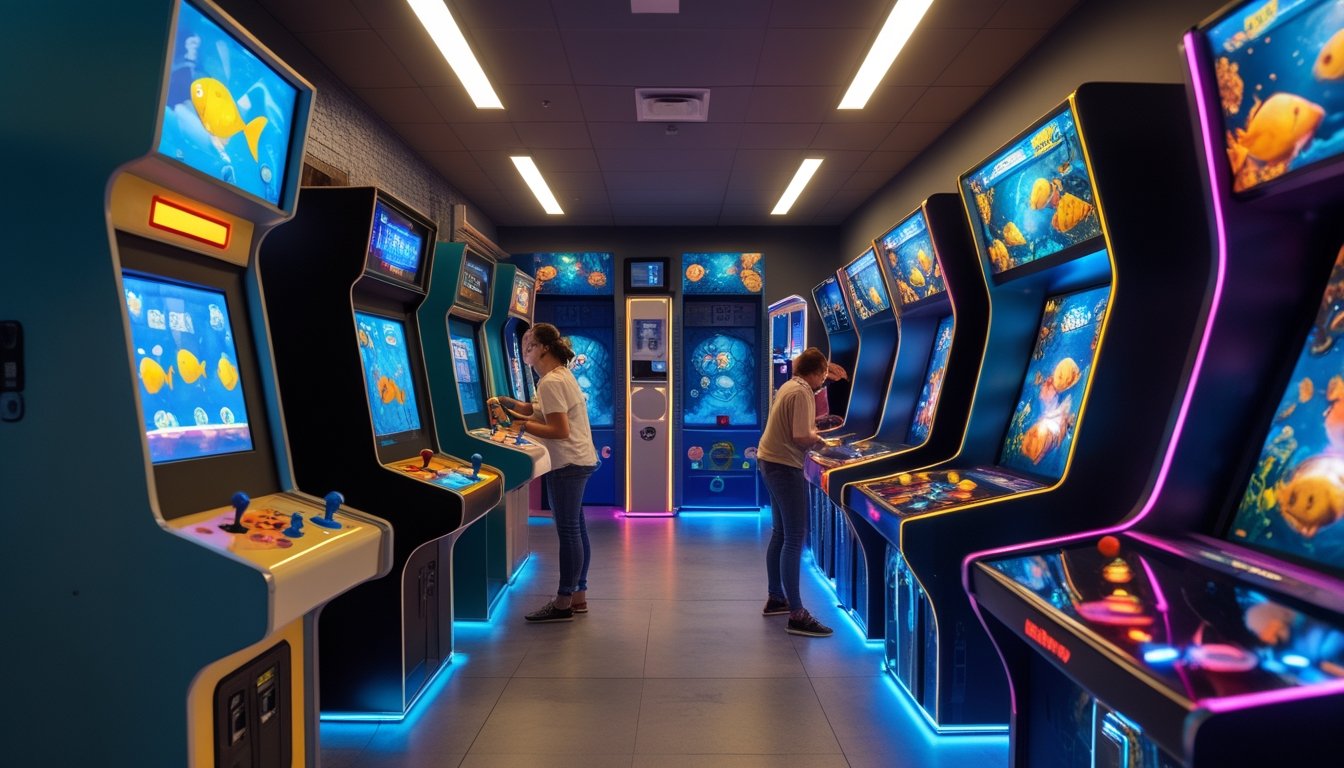 Perbandingan mesin permainan tembak ikan klasik dan modern dengan grafis 3D di sebuah arena permainan.