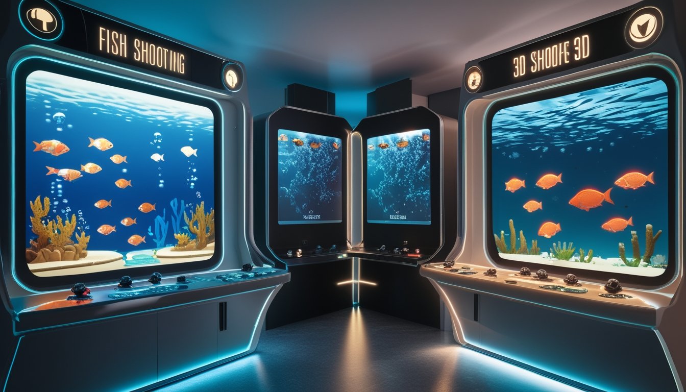 Dua mesin permainan tembak ikan menampilkan perbandingan grafis 2D klasik dan lingkungan bawah laut 3D modern.
