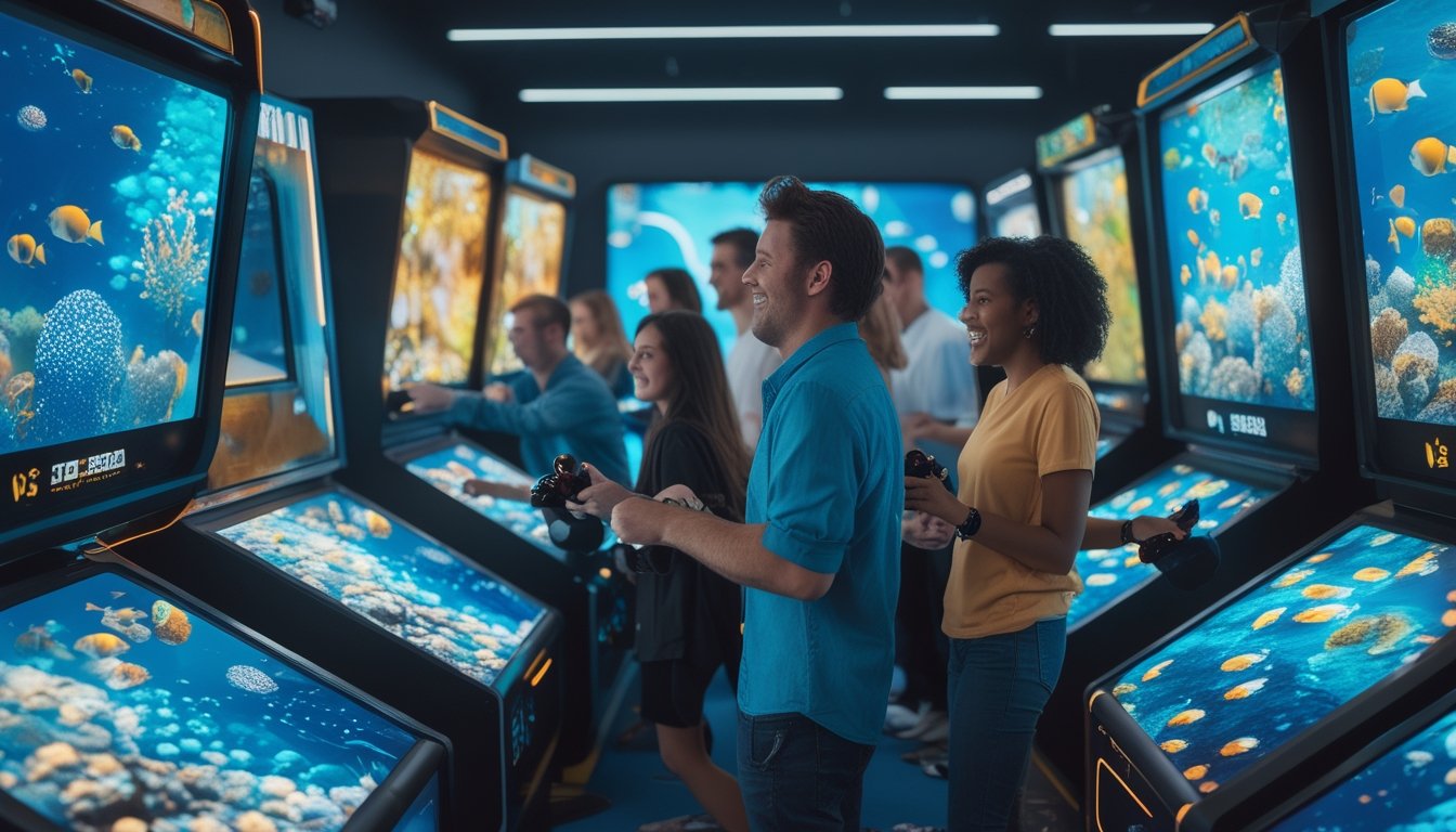 Sekelompok orang menikmati permainan tembak ikan 3D di pusat permainan arcade modern.