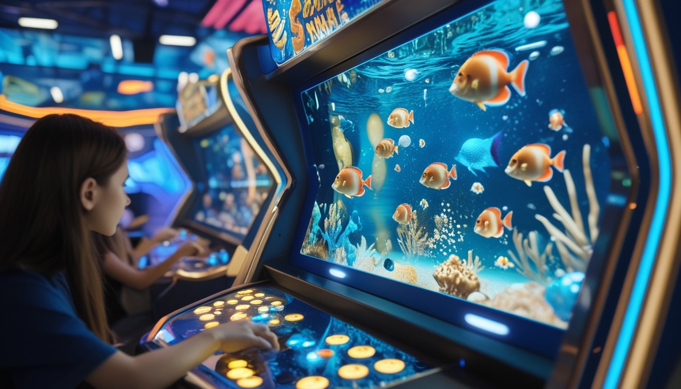 Pemain menggunakan mesin permainan tembak ikan dengan tampilan dunia bawah laut berwarna-warni di sebuah arena arcade.