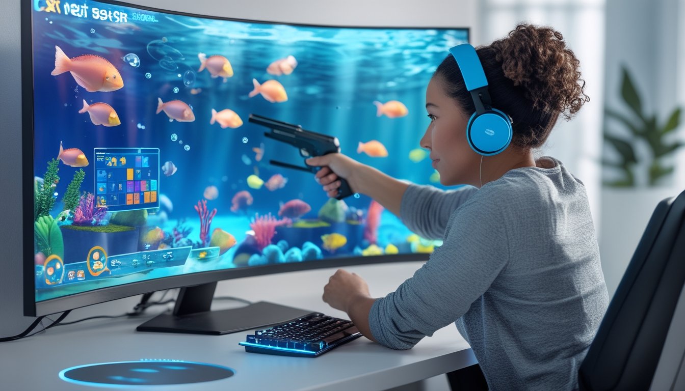 Seorang pemain menikmati permainan tembak ikan 3D online dengan koneksi internet yang stabil di ruang bermain modern.
