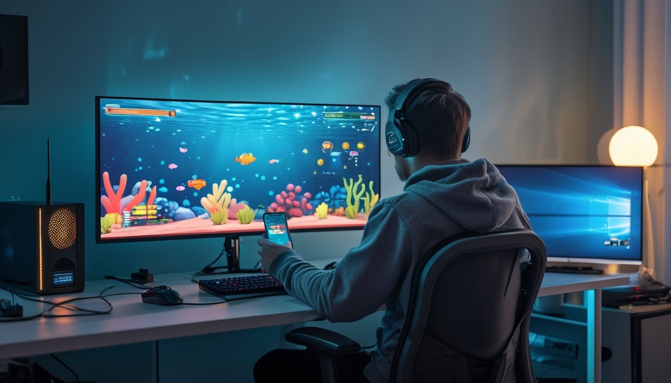 Pemain menggunakan komputer untuk memainkan gim tembak ikan 3D dengan router dan perangkat jaringan di meja.