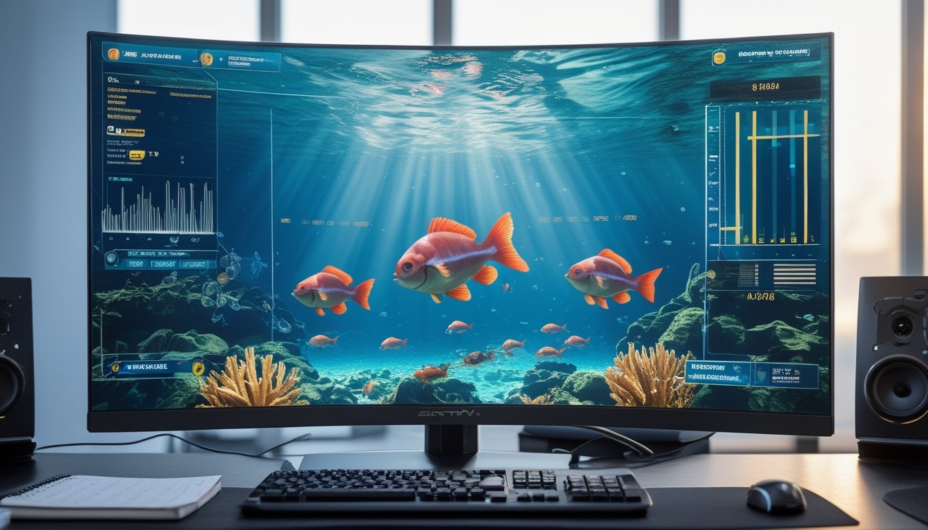 Layar komputer menampilkan permainan menembak ikan 3D dengan ikan bos langka di tengah lingkungan bawah laut.