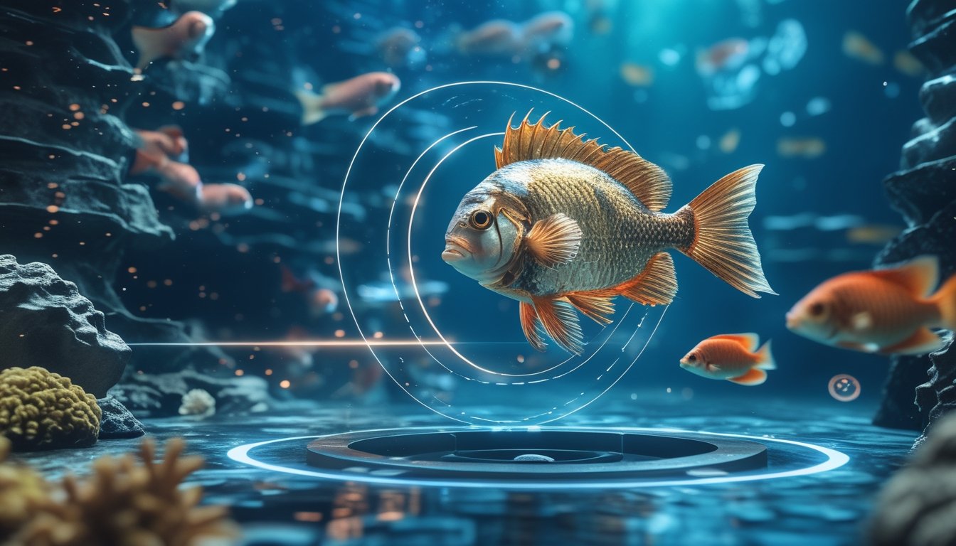 Seekor ikan boss langka bercahaya muncul di antara ikan tropis dalam lingkungan bawah laut dengan pola pergerakan yang ditandai secara visual.