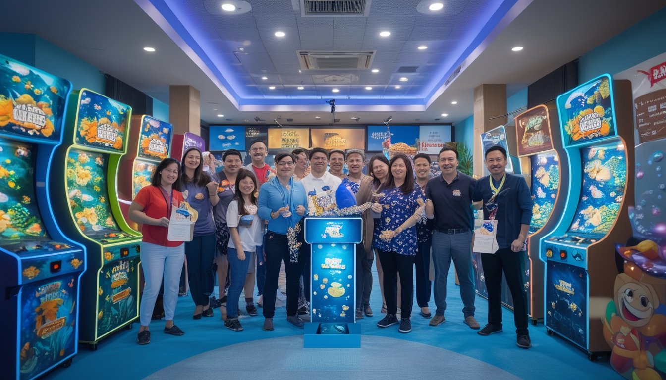 Sekelompok orang merayakan acara komunitas permainan tembak ikan 3D dengan hadiah di area hiburan.