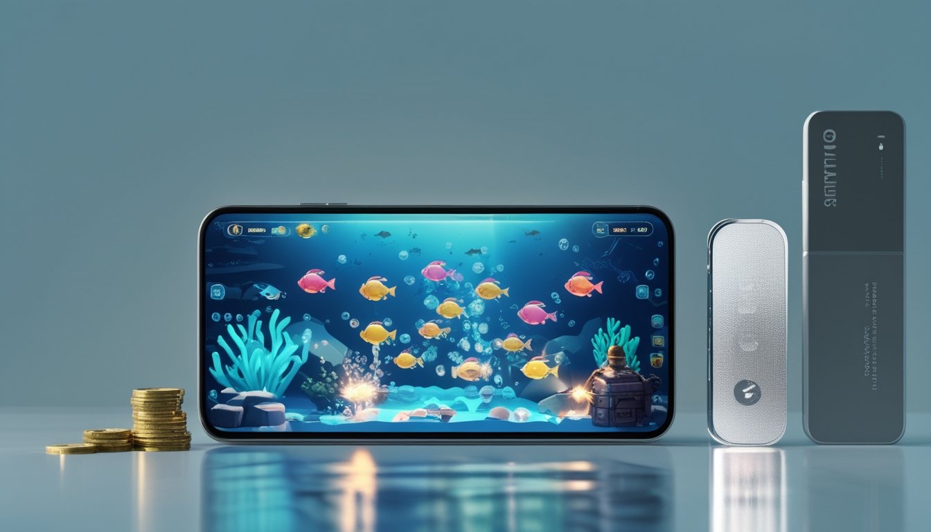 Ponsel menampilkan permainan menembak ikan 3D di bawah laut dengan ikan tropis, terumbu karang, dan koin bercahaya.