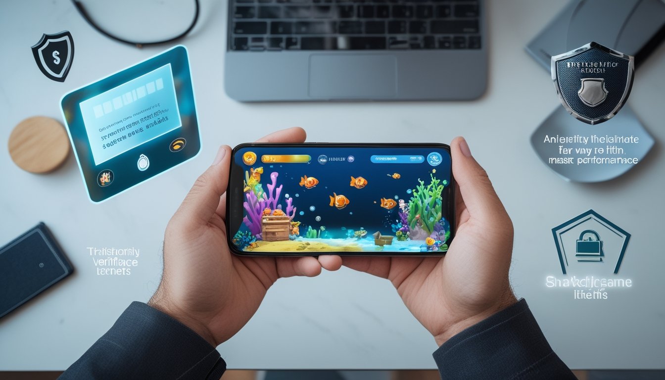 Seseorang memegang ponsel yang menampilkan permainan tembak ikan 3D dengan simbol keamanan dan verifikasi di atas meja.
