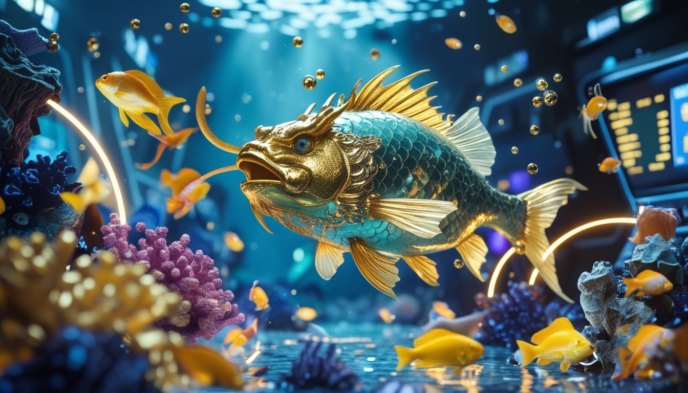 Seekor ikan naga emas bercahaya berenang di lingkungan permainan bawah air yang penuh warna, dengan pemain arcade tampak di latar belakang.