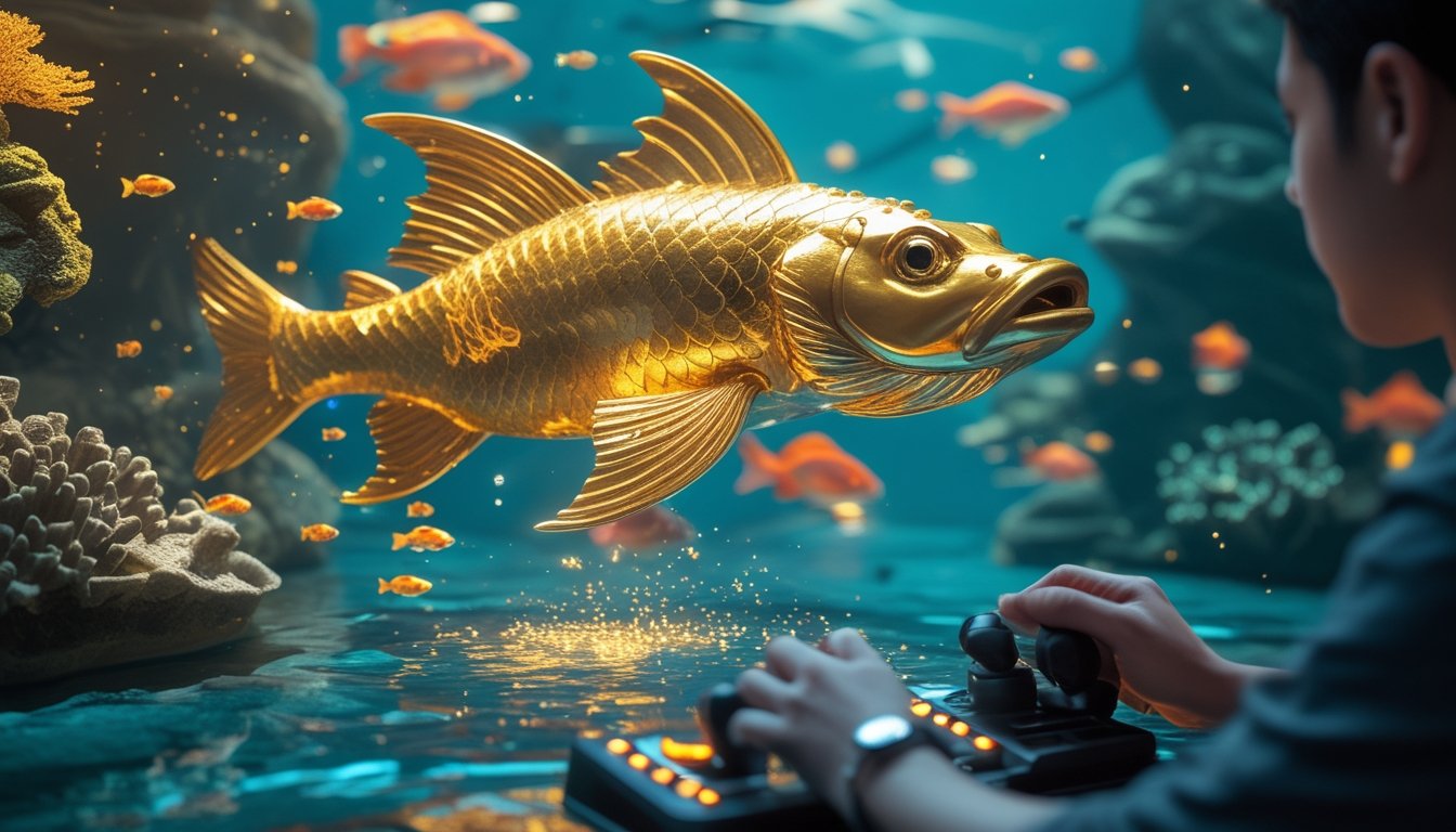 Tangan pemain mengarahkan kendali permainan pada ikan naga emas di lingkungan bawah laut tiga dimensi.