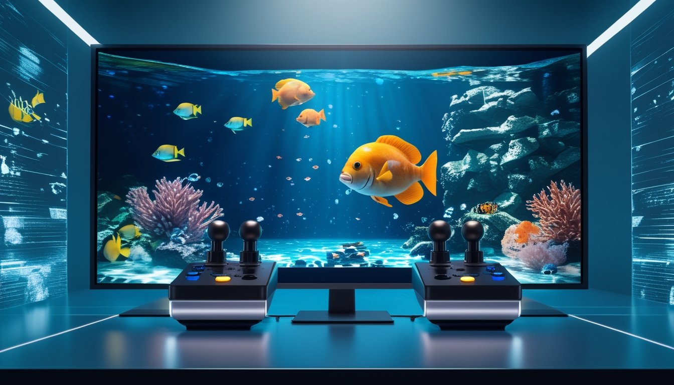 Layar permainan menampilkan suasana bawah laut dengan ikan tropis dan terumbu karang, disertai konsol permainan dengan meriam ikan di depannya.