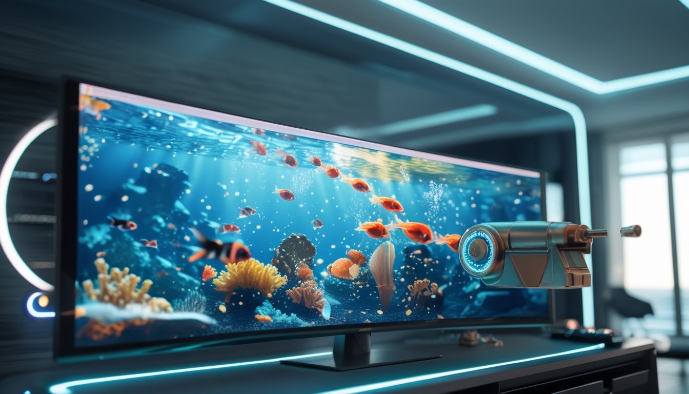 Layar monitor menampilkan permainan menembak ikan 3D di lingkungan bawah laut yang penuh warna.