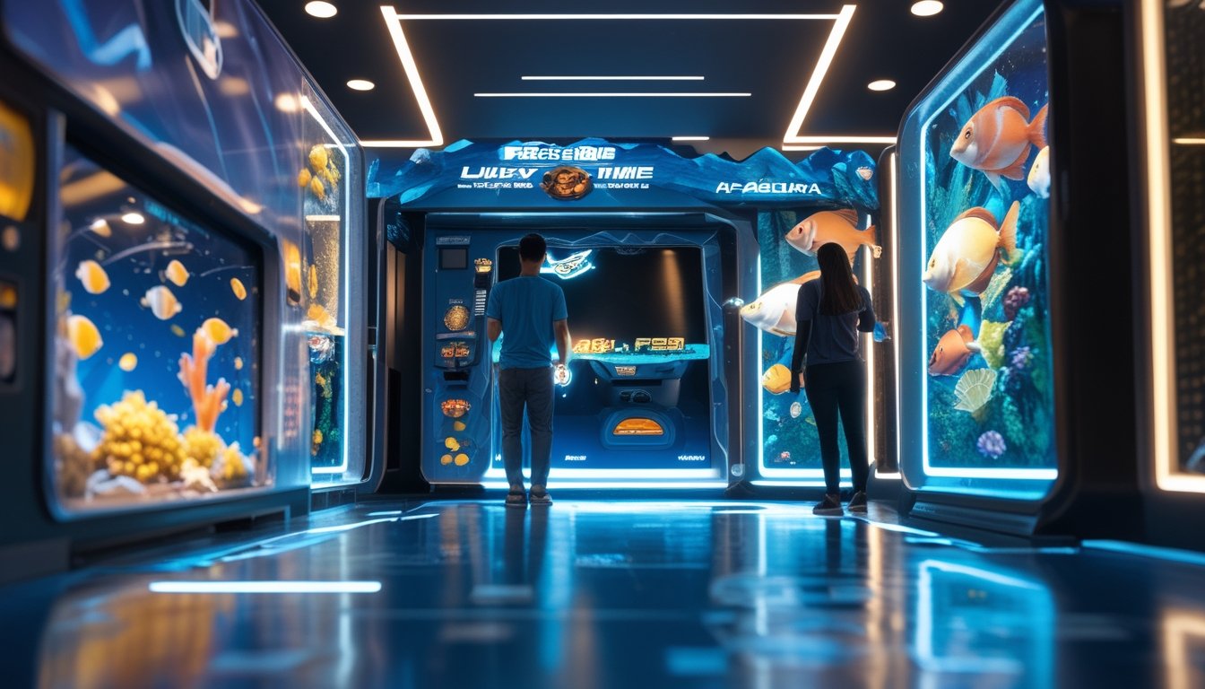 Pemain sedang memainkan mesin arcade tembak ikan bertema bawah laut di ruang permainan modern.