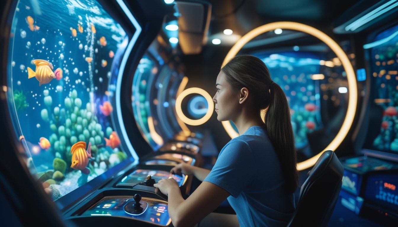 Seorang pemain mengamati permainan tembak ikan 3D di mesin arkade dengan suasana bawah laut yang penuh warna.
