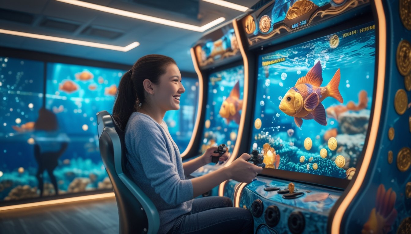 Seorang pemain menikmati permainan tembak ikan 3D di mesin arcade dengan efek cahaya dan koin berkilauan.
