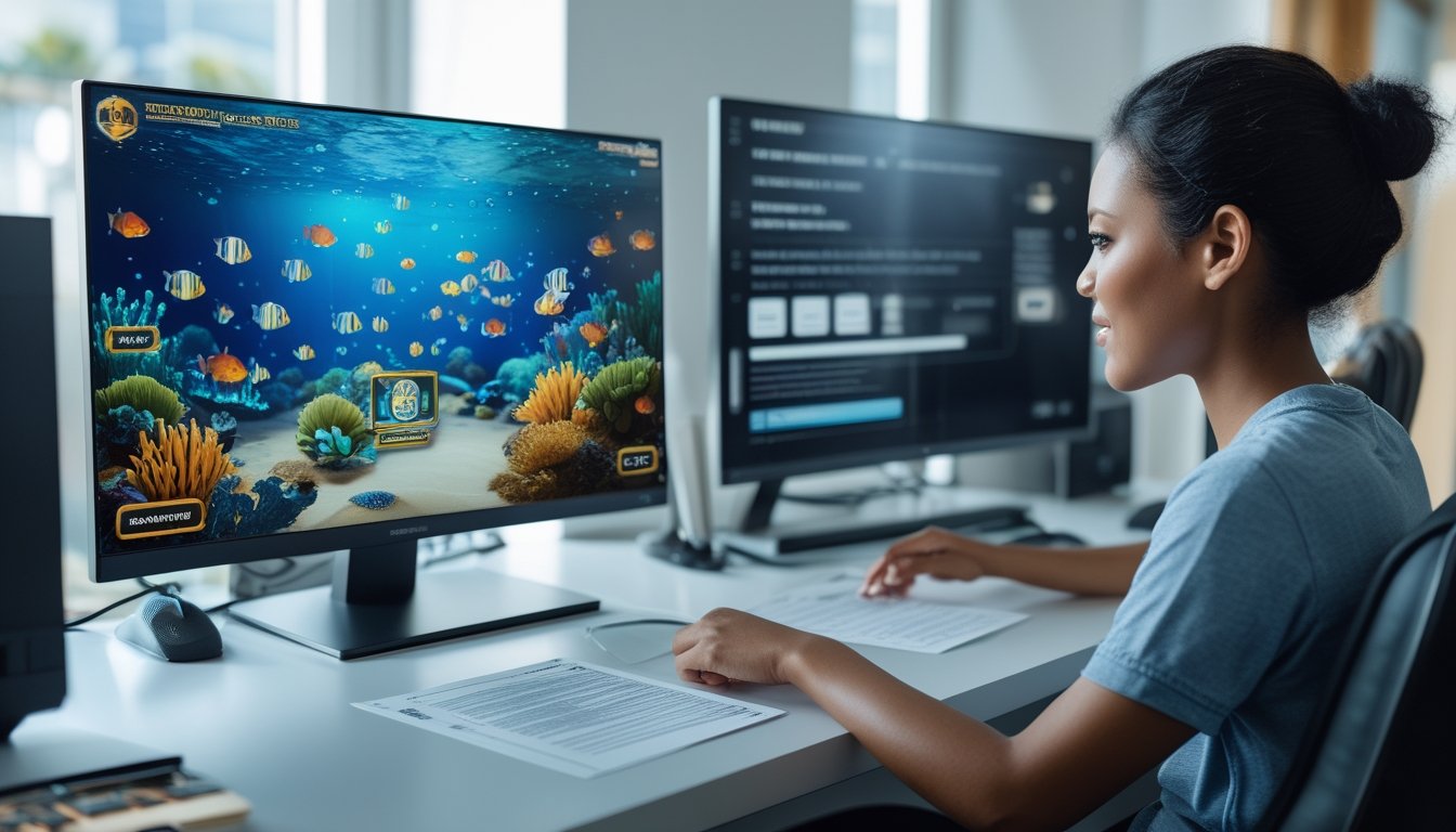 Seorang pemain dewasa meninjau permainan tembak ikan 3D di meja komputer dengan dokumen kosong dan kaca pembesar.