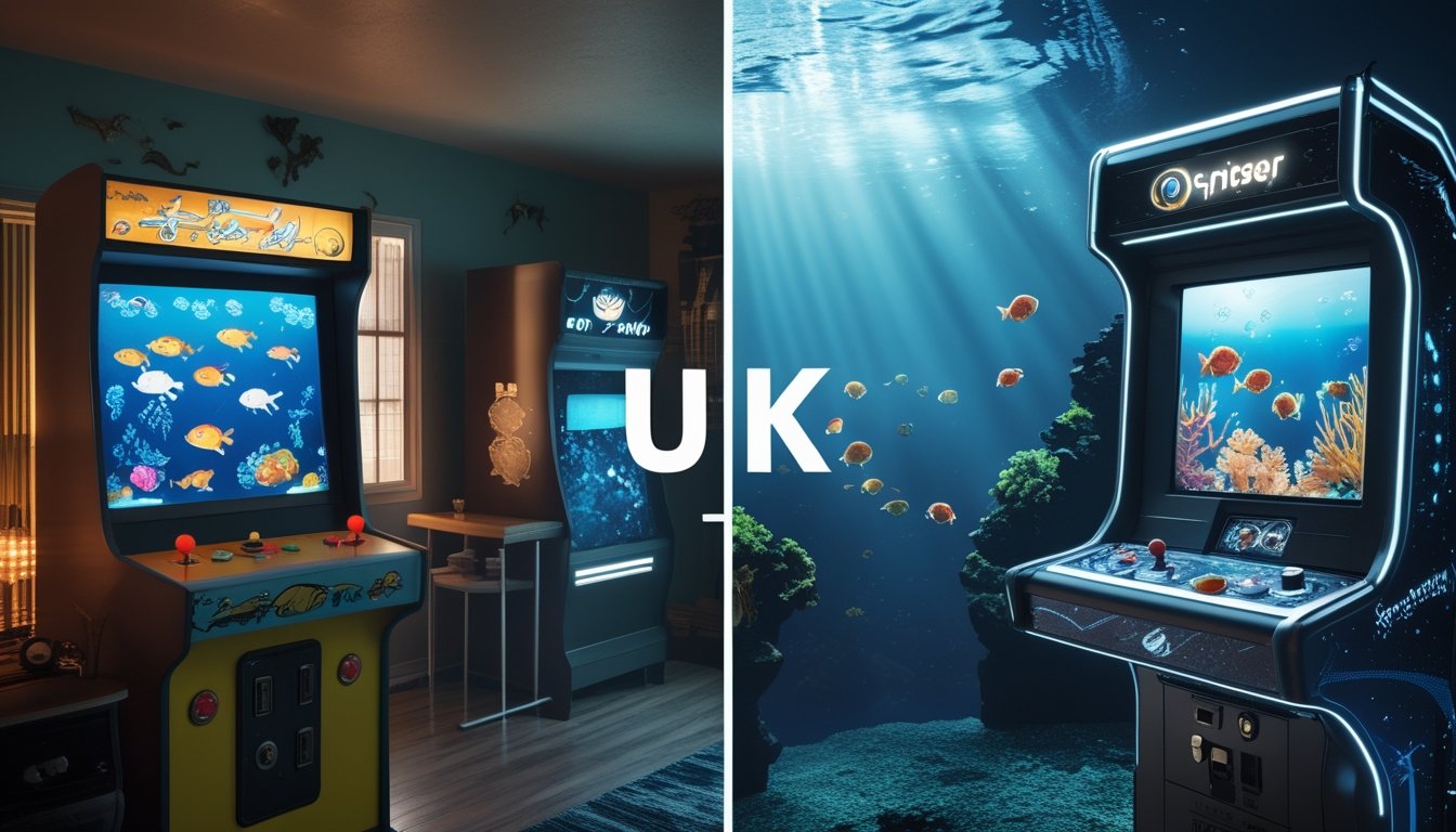 Perbandingan dua mesin permainan tembak ikan, dengan suasana klasik di kiri dan tampilan bawah laut 3D modern di kanan.