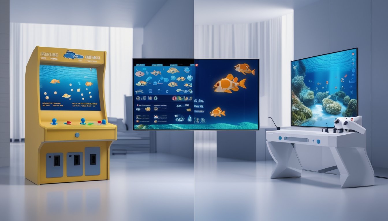 Perbandingan permainan tembak ikan klasik dengan permainan tembak ikan 3D modern pada dua perangkat berbeda.