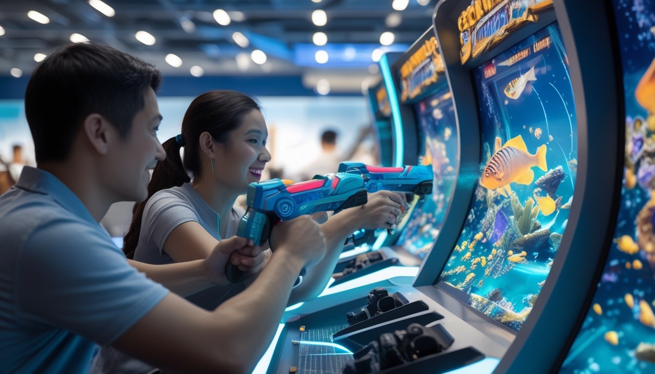 Dua pemain menikmati permainan arcade tembak ikan 3D di pusat hiburan modern.