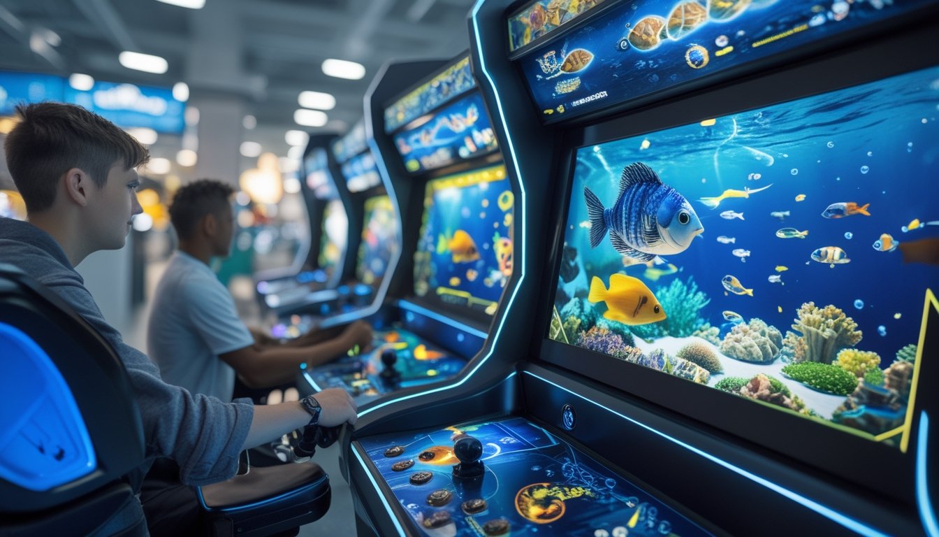 Pemain mengoperasikan mesin arcade tembak ikan dengan tampilan dunia bawah laut 3D yang penuh ikan warna-warni.