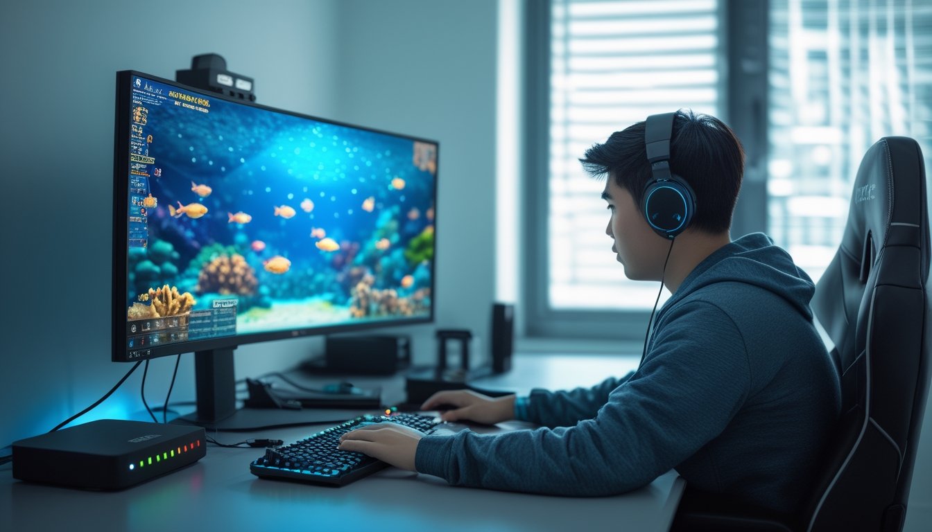 Seorang pemain menggunakan komputer untuk memainkan gim tembak ikan 3D dengan router Wi-Fi di meja.